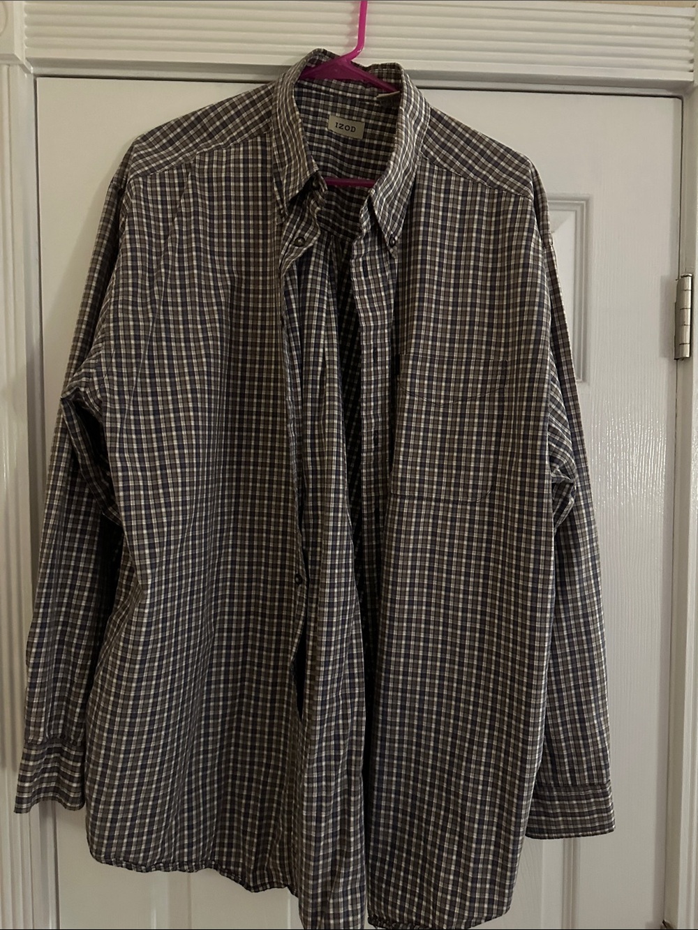 Izod Men's Brown and White Plaid Button-Down Shirt